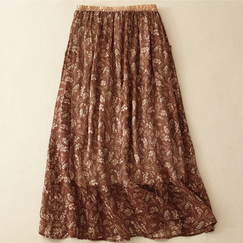 Buddha Stones Floral A-line Elastic Waist Cotton Linen Women's Skirt With Pockets - image 2