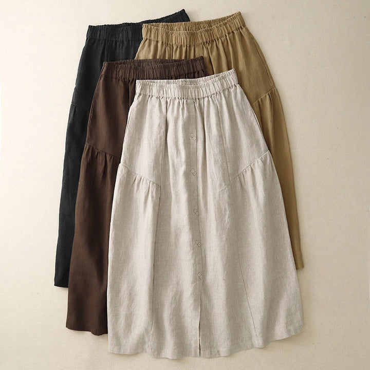 Buddha Stones A-line Buttons Slit Design Elastic Waist Cotton Women's Skirt With Pockets - image 1