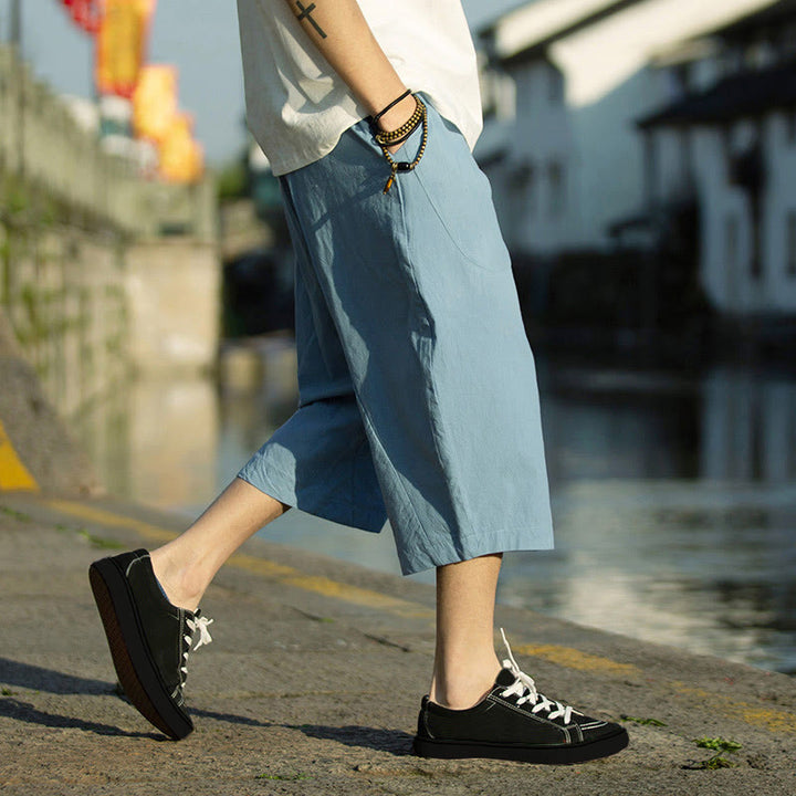 Buddha Stones Summer Plain Pleat Design Drawstring Men's 7-8 Length Cotton Linen Pants With Pockets - image 31