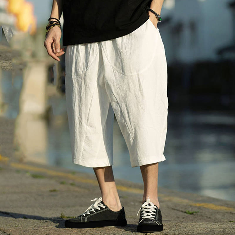 Buddha Stones Summer Plain Pleat Design Drawstring Men's 7-8 Length Pants With Pockets - White - US/UK/AU46，EU56 (5XL) - image 25