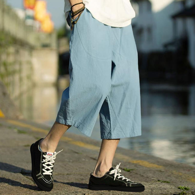 Buddha Stones Summer Plain Pleat Design Drawstring Men's 7-8 Length Cotton Linen Pants With Pockets - DeepSkyBlue - US/UK/AU46，EU56 (5XL) - image 29