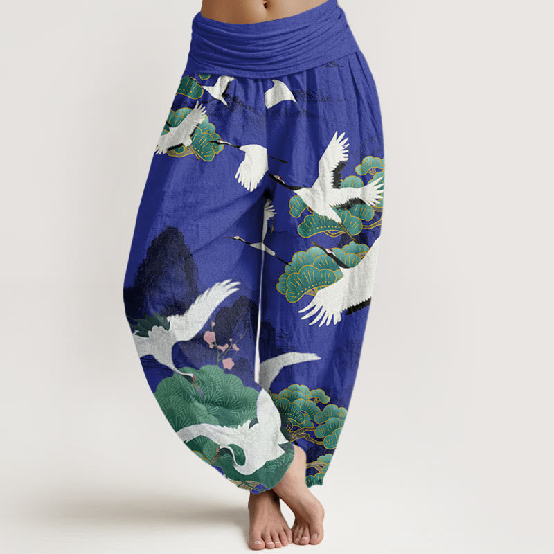 Buddha Stones Cotton Casual Cranes Green Pine Trees Landscape Pattern Women's Harem Pants - Indigo - US22，UK/AU26，EU54 (6XL) - image 4