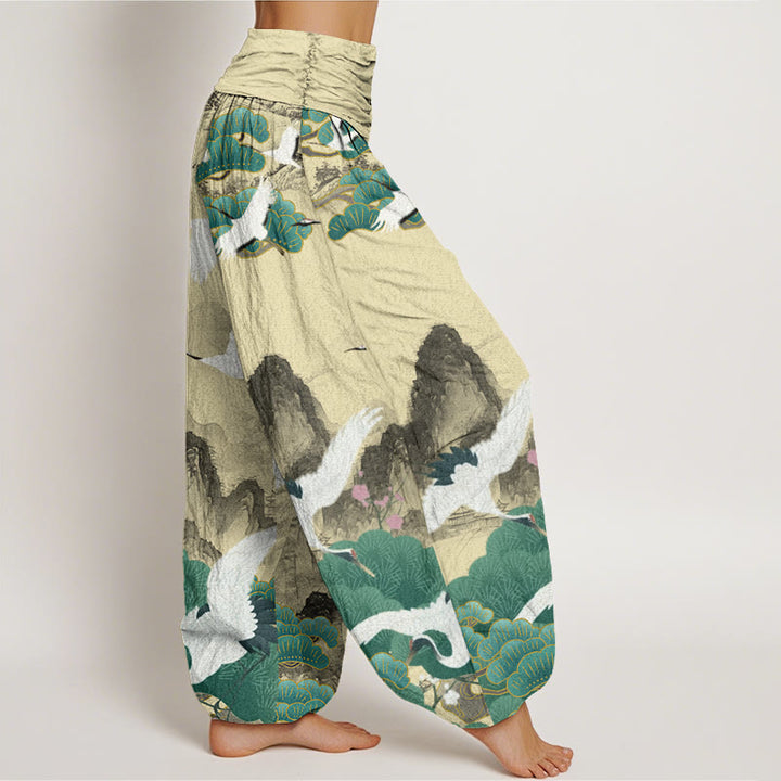 Buddha Stones Cotton Casual Cranes Green Pine Trees Landscape Pattern Women's Harem Pants - image 9
