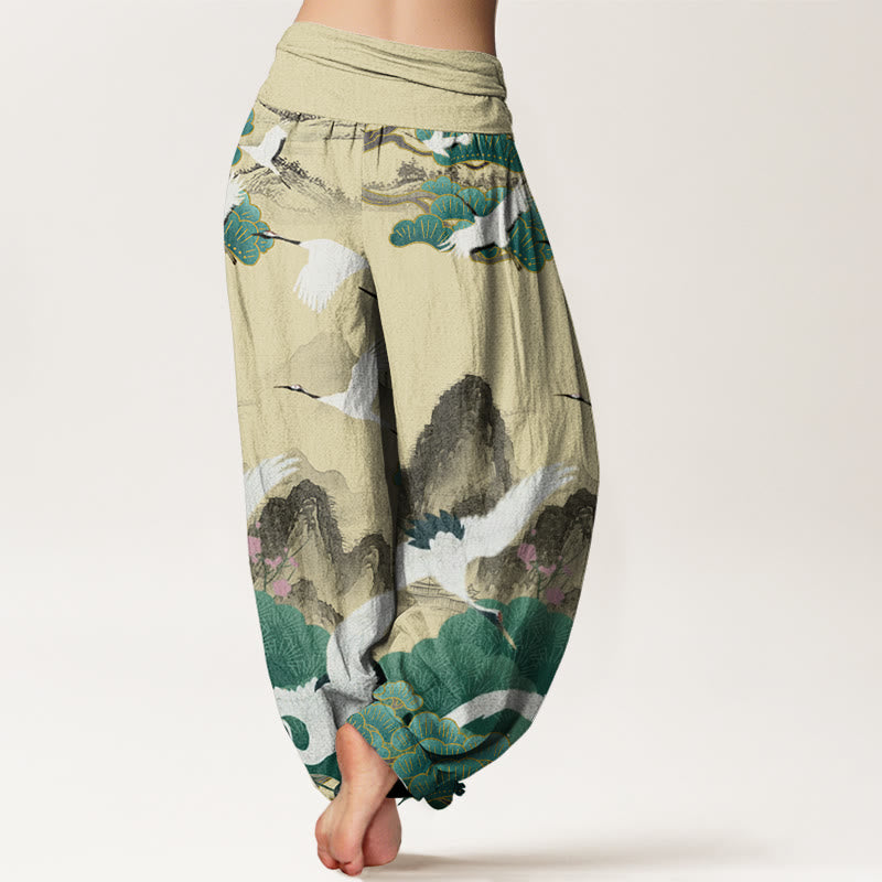 Buddha Stones Cotton Casual Cranes Green Pine Trees Landscape Pattern Women's Harem Pants - image 8