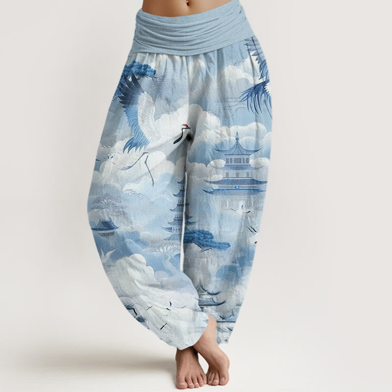 Buddha Stones Cotton Casual Cranes Clouds Pagodas Pattern Women's Harem Pants - LightSkyBlue - US22，UK/AU26，EU54 (6XL) - image 4