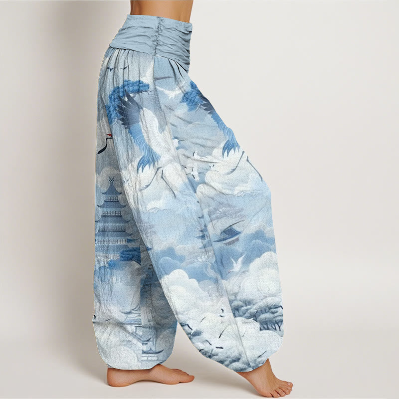 Buddha Stones Cotton Casual Cranes Clouds Pagodas Pattern Women's Harem Pants - image 6
