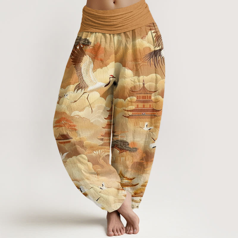 Buddha Stones Cotton Casual Cranes Clouds Pagodas Pattern Women's Harem Pants - Goldenrod - US22，UK/AU26，EU54 (6XL) - image 7