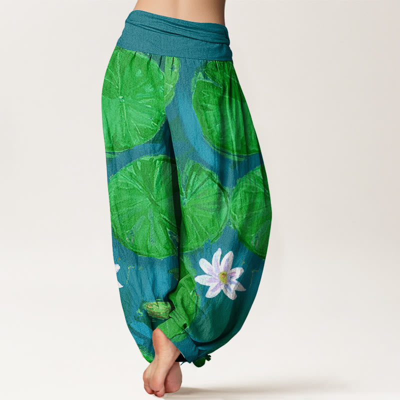Buddha Stones Cotton Casual Green Lotus Leaves White Flowers Pattern Women's Harem Pants - image 5