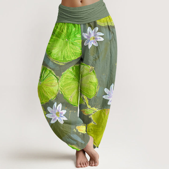 Buddha Stones Cotton Casual Green Lotus Leaves White Flowers Pattern Women's Harem Pants - DarkSeaGreen - US22，UK/AU26，EU54 (6XL) - image 7