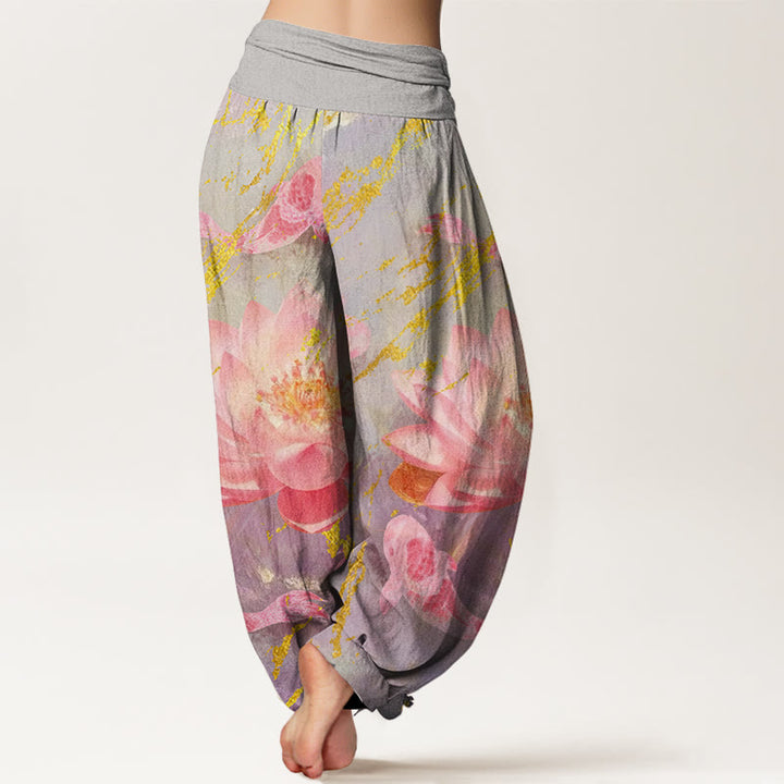 Buddha Stones Cotton Casual Lotus Flower Koi Fish Pattern Women's Harem Pants - image 1
