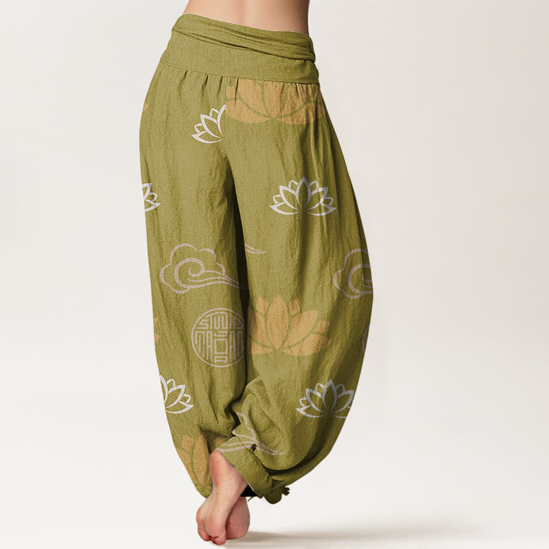 Buddha Stones Cotton Casual Lotus Flowers Lanterns Cloud Pattern Women's Harem Pants - image 1
