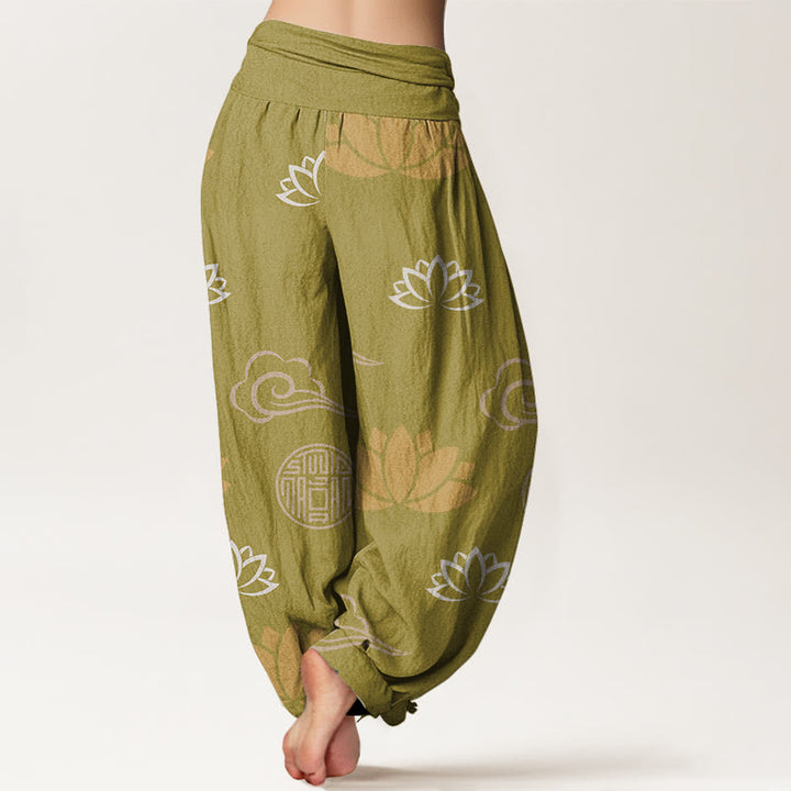 Buddha Stones Cotton Casual Lotus Flowers Lanterns Cloud Pattern Women's Harem Pants - image 1