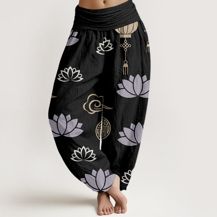 Buddha Stones Cotton Casual Lotus Flowers Lanterns Cloud Pattern Women's Harem Pants - Black - US22，UK/AU26，EU54 (6XL) - image 7