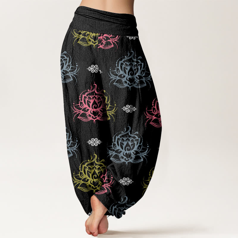 Buddha Stones Cotton Casual Various Colors Lotus Flowers Pattern Women's Harem Pants - image 1