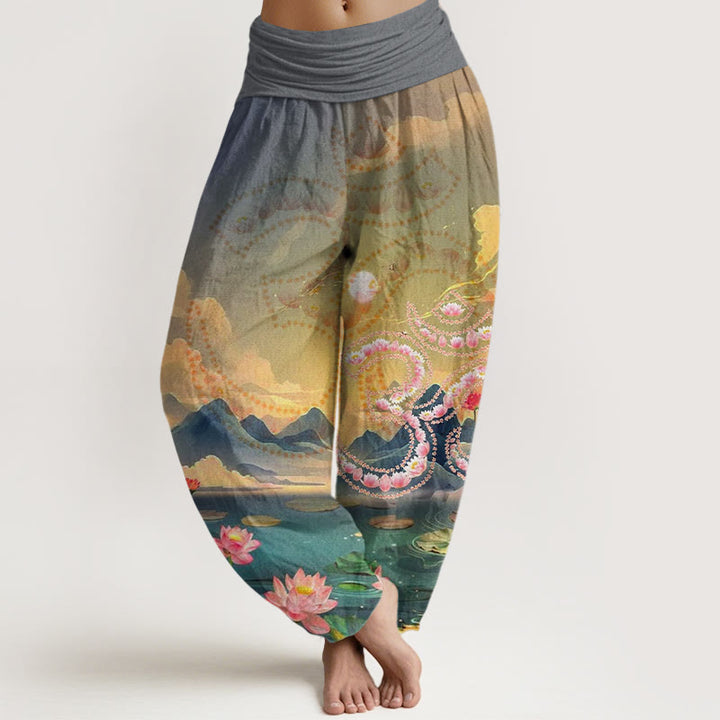 Buddha Stones Cotton Casual Lotus Flowers Om Symbol Mountains Lake Pattern Women's Harem Pants - Gray - US22，UK/AU26，EU54 (6XL) - image 4
