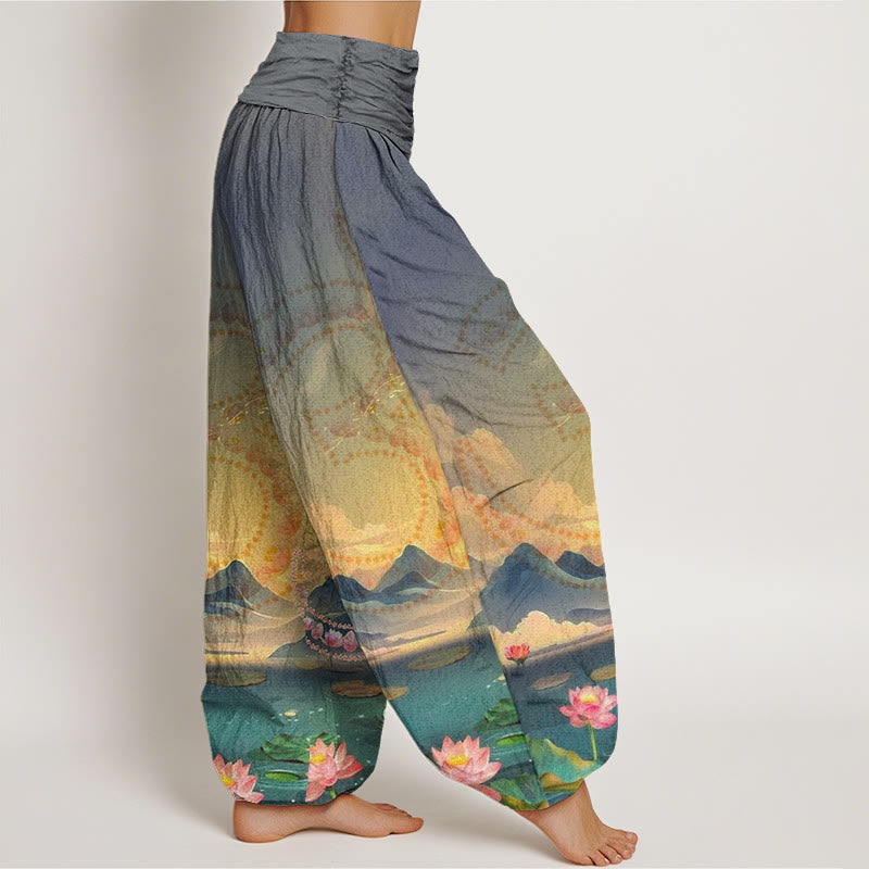 Buddha Stones Cotton Casual Lotus Flowers Om Symbol Mountains Lake Pattern Women's Harem Pants - image 6