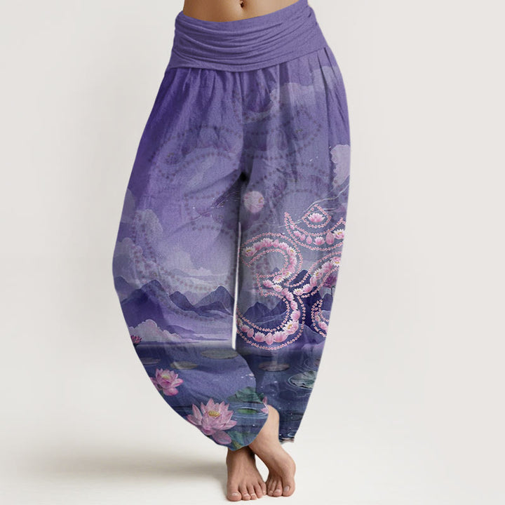 Buddha Stones Cotton Casual Lotus Flowers Om Symbol Mountains Lake Pattern Women's Harem Pants - MediumPurple - US22，UK/AU26，EU54 (6XL) - image 7