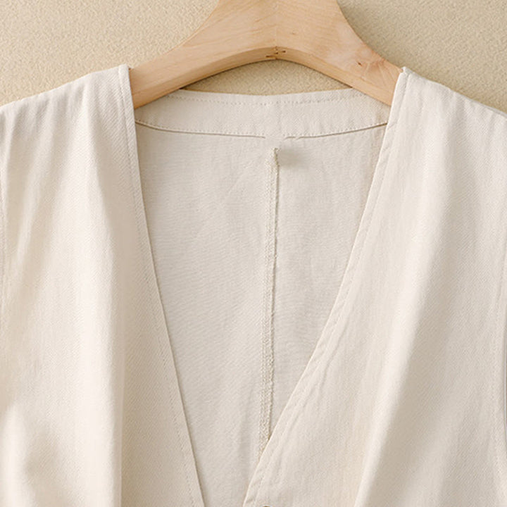 Buddha Stones Solid Color Front Buttons Sleeveless Women's Cotton Waistcoat With Pockets - image 14