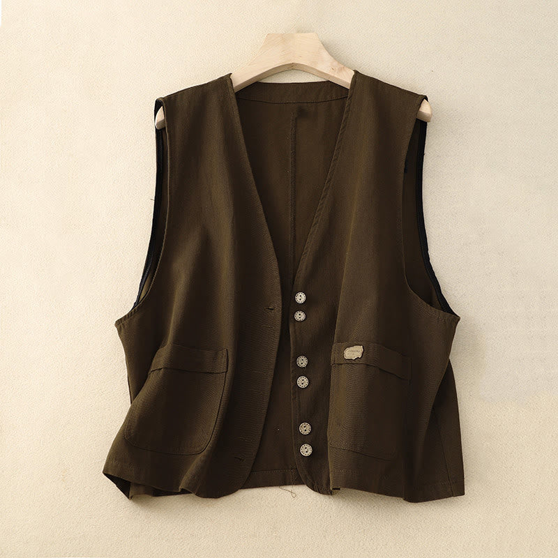 Buddha Stones Solid Color Front Buttons Sleeveless Women's Cotton Waistcoat With Pockets - SaddleBrown - US8-10，UK/AU12-14，EU40-42 (2XL) - image 8