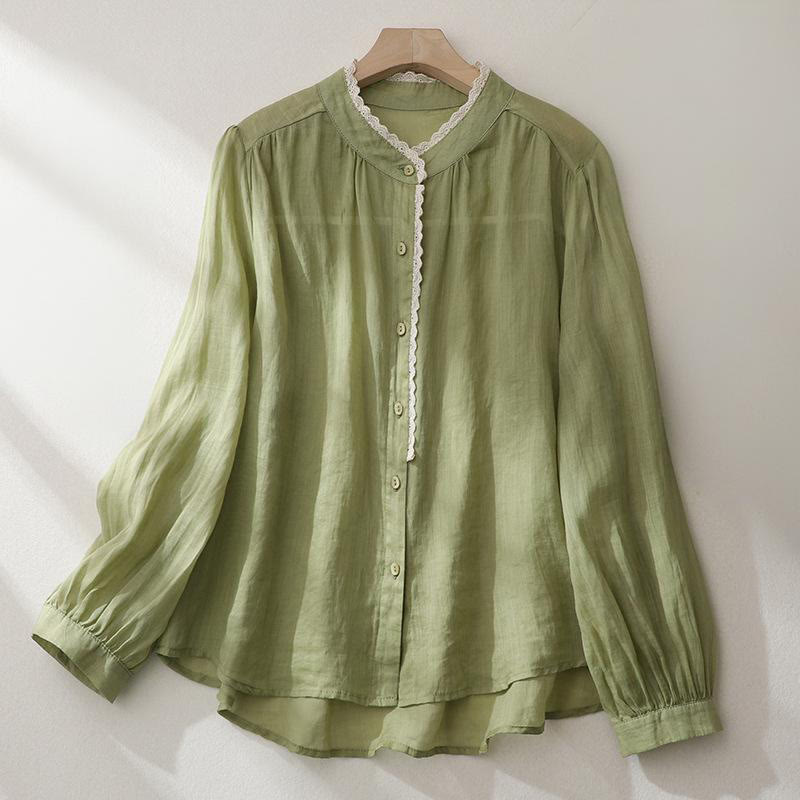 Buddha Stones Pure Color Lace Design Long Lantern Sleeve Women's Cotton Linen Shirt - YellowGreen - US14，UK/AU18，EU46 (2XL) - image 0