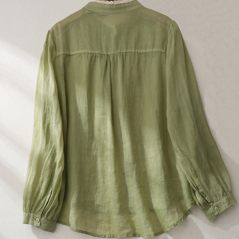 Buddha Stones Pure Color Lace Design Long Lantern Sleeve Women's Cotton Linen Shirt - image 1