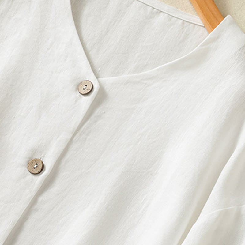 Buddha Stones Spring Plain Buttons Design V-Neck Long Sleeve Women's Cotton Linen Shirt - image 12