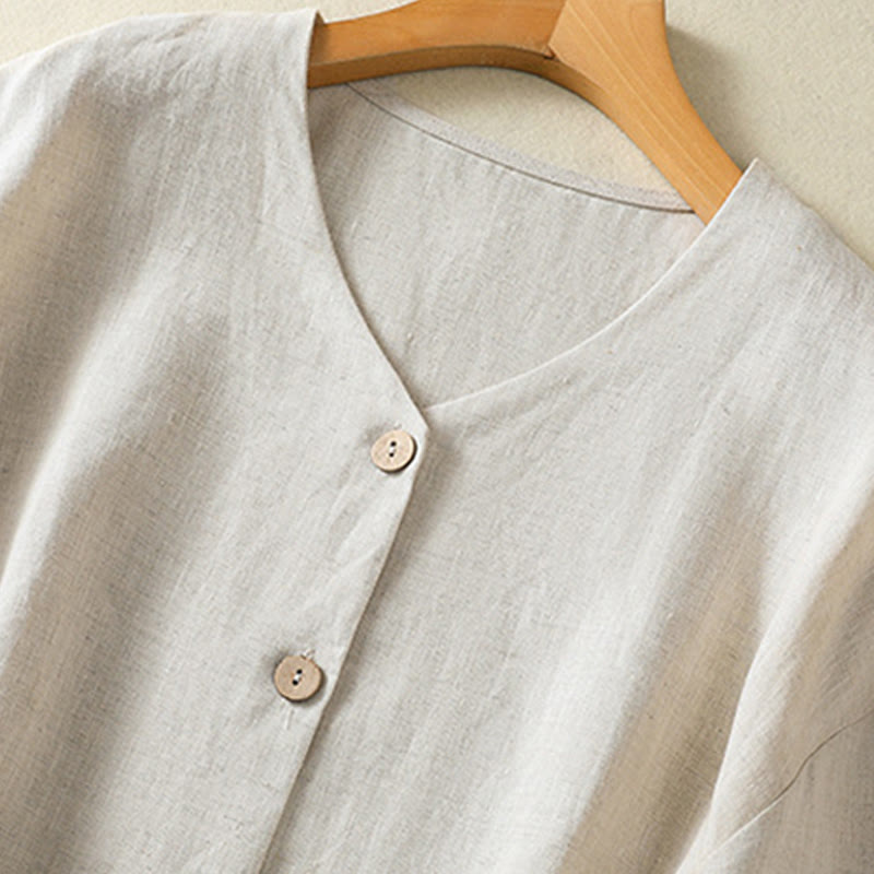 Buddha Stones Spring Plain Buttons Design V-Neck Long Sleeve Women's Cotton Linen Shirt - image 3