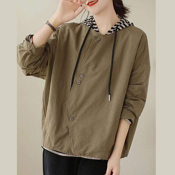 Buddha Stones Spring Plain Asymmetry Design Long Sleeve Women's Cotton Linen Jacket With Pockets - image 13