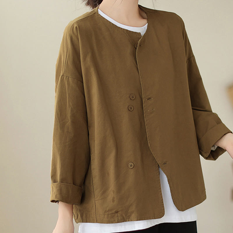 Buddha Stones Spring Plain Asymmetry Design Long Sleeve Women's Cotton Linen Jacket With Pockets - DarkGoldenrod - US12，UK/AU16，EU44 (2XL) - image 5