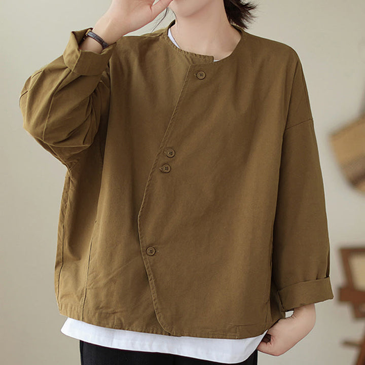 Buddha Stones Spring Plain Asymmetry Design Long Sleeve Women's Cotton Linen Jacket With Pockets - image 6