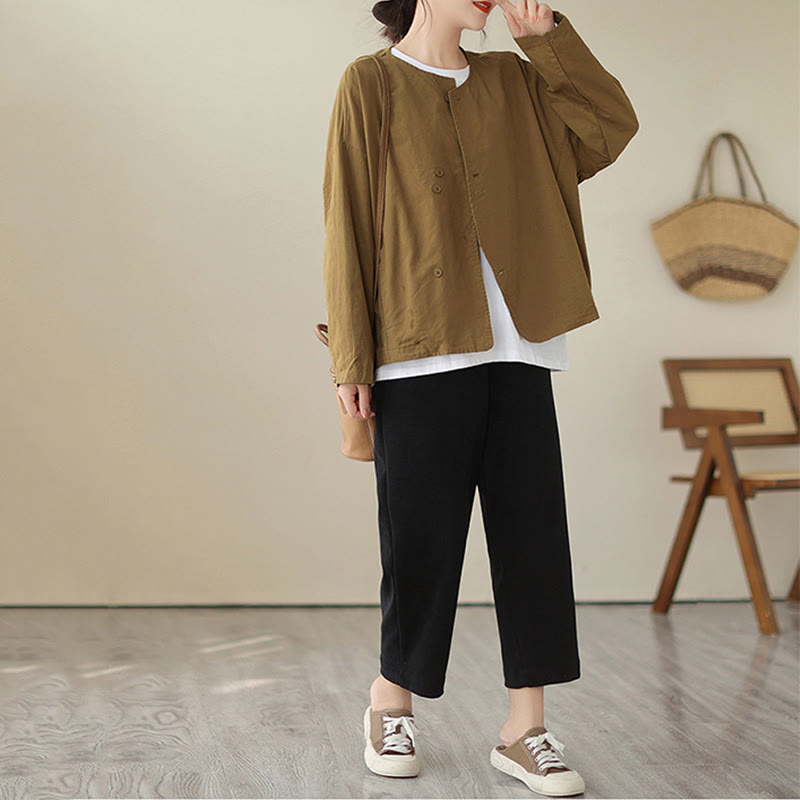 Buddha Stones Spring Plain Asymmetry Design Long Sleeve Women's Cotton Linen Jacket With Pockets - image 9