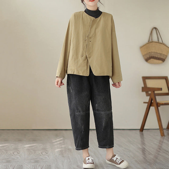 Buddha Stones Spring Plain Asymmetry Design Long Sleeve Women's Cotton Linen Jacket With Pockets - image 3