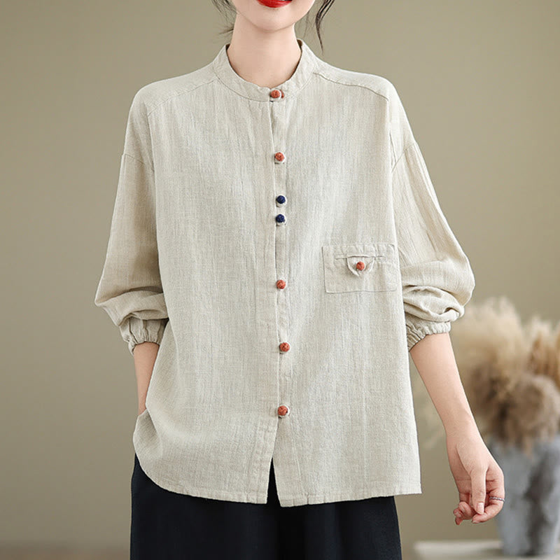 Buddha Stones Colorful Buttons Design Long Sleeve Women's Cotton Linen Shirt - image 1