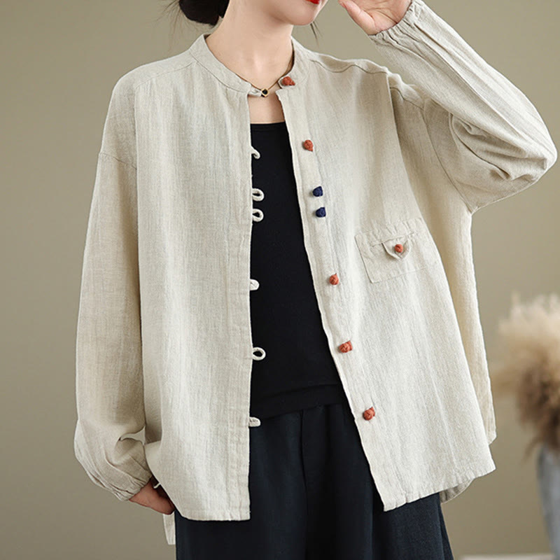 Buddha Stones Colorful Buttons Design Long Sleeve Women's Cotton Linen Shirt - Beige - US14，UK/AU18，EU46 (2XL) - image 0