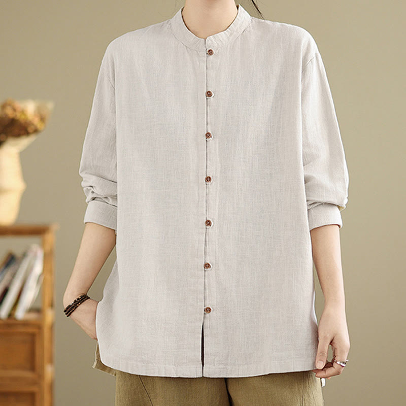 Buddha Stones Solid Color Front Buttons Design Long Sleeve Women's Cotton Linen Shirt - image 4