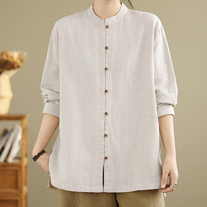 Buddha Stones Solid Color Front Buttons Design Long Sleeve Women's Cotton Linen Shirt - image 4