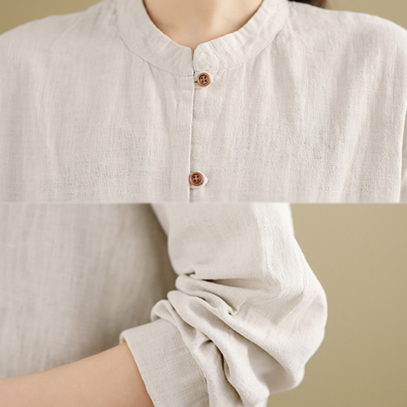 Buddha Stones Solid Color Front Buttons Design Long Sleeve Women's Cotton Linen Shirt - image 6