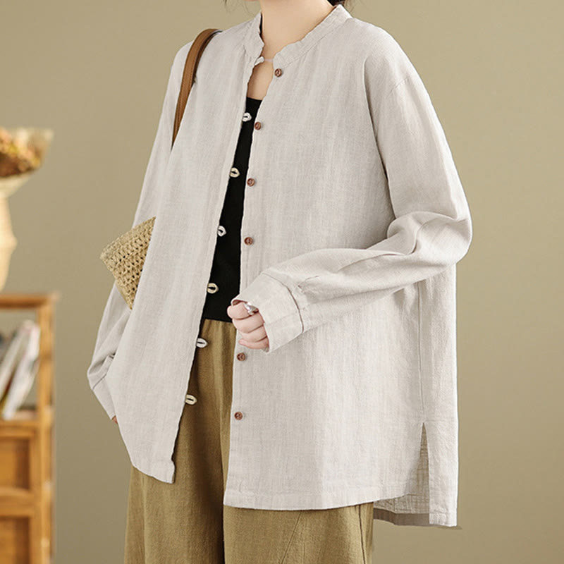 Buddha Stones Solid Color Front Buttons Design Long Sleeve Women's Cotton Linen Shirt - image 1