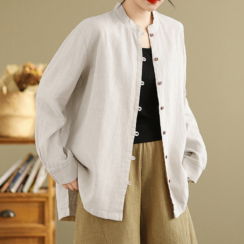 Buddha Stones Solid Color Front Buttons Design Long Sleeve Women's Cotton Linen Shirt - Linen - US14，UK/AU18，EU46 (2XL) - image 0