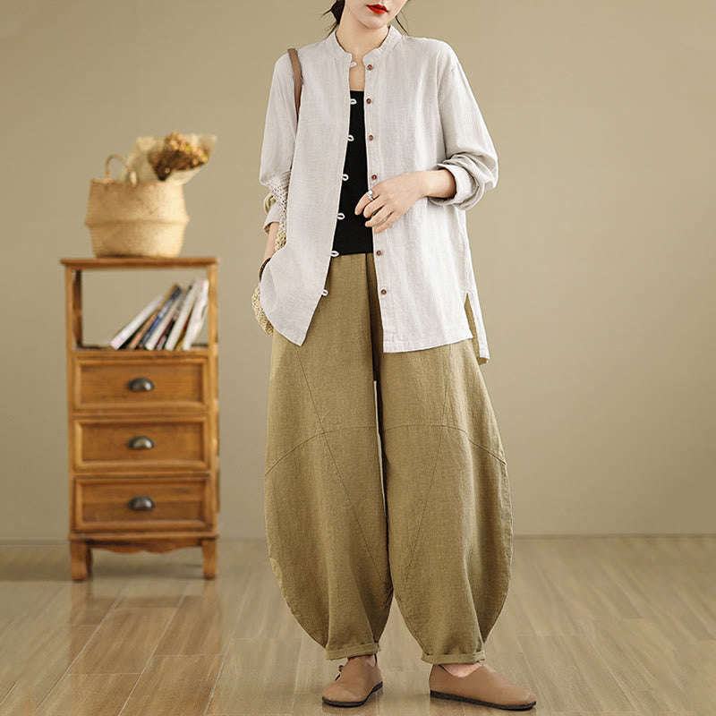 Buddha Stones Solid Color Front Buttons Design Long Sleeve Women's Cotton Linen Shirt - image 5