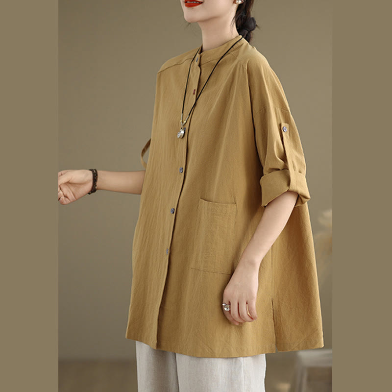 Buddha Stones Commute Pure Color Long Sleeve Women's Cotton Linen Shirt With Pocket - image 1