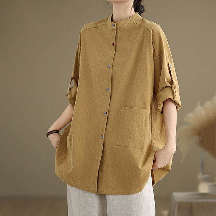 Buddha Stones Commute Pure Color Long Sleeve Women's Cotton Linen Shirt With Pocket - image 3