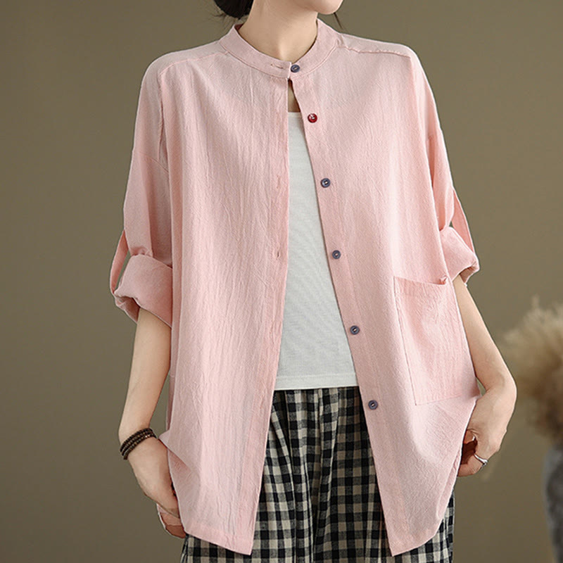 Buddha Stones Commute Pure Color Long Sleeve Women's Cotton Linen Shirt With Pocket - image 17