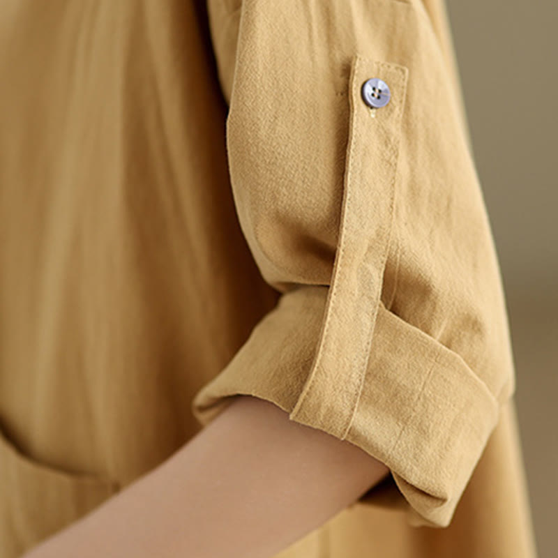 Buddha Stones Commute Pure Color Long Sleeve Women's Cotton Linen Shirt With Pocket - image 8