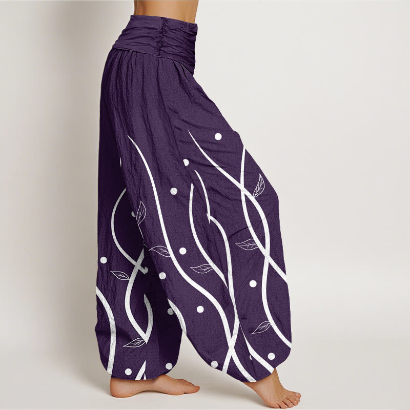 Buddha Stones Cotton Casual Minimalist Vine Leaf Pattern Women's Elastic Waist Harem Pants - image 1