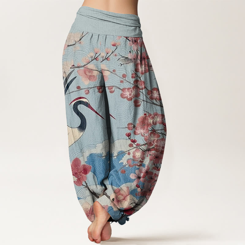 Buddha Stones Cotton Casual Crane Cherry Blossom Design Pattern Women's Elastic Waist Harem Pants - image 6