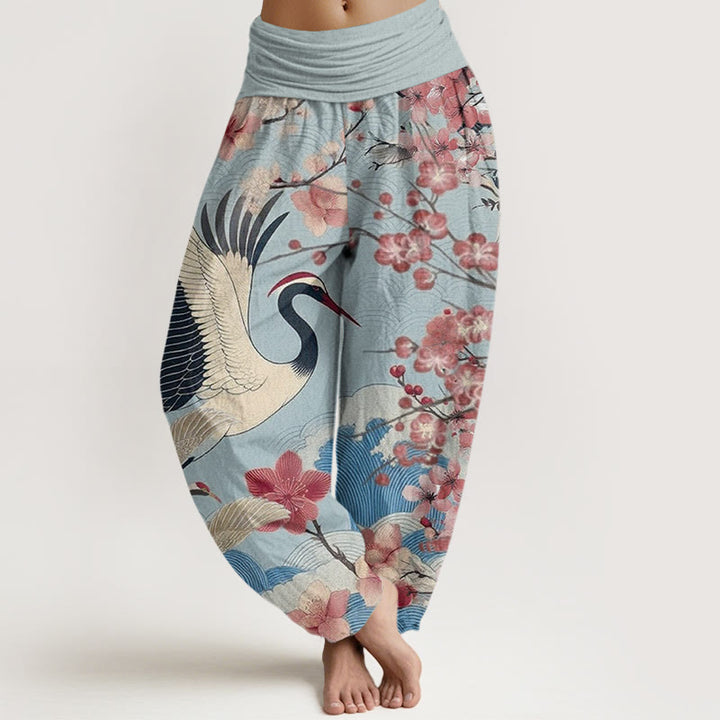 Buddha Stones Cotton Casual Crane Cherry Blossom Design Pattern Women's Elastic Waist Harem Pants - SkyBlue - US22，UK/AU26，EU54 (6XL) - image 4