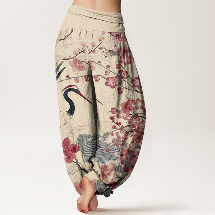 Buddha Stones Cotton Casual Crane Cherry Blossom Design Pattern Women's Elastic Waist Harem Pants - image 9