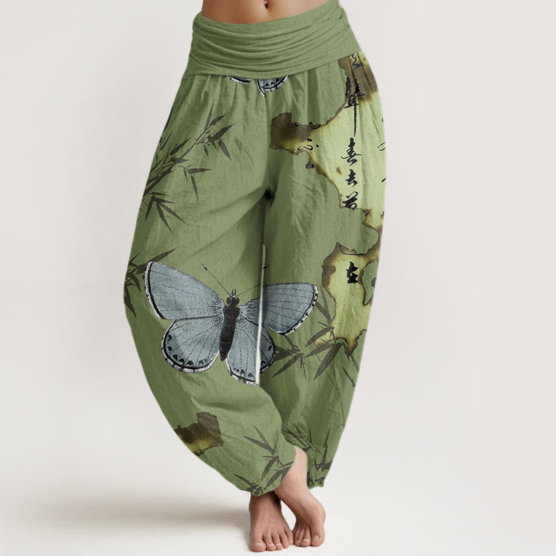 Buddha Stones Cotton Casual Butterfly Bamboo Leaf Calligraphy Pattern Women's Elastic Waist Harem Pants - OliveDrab - US22，UK/AU26，EU54 (6XL) - image 0