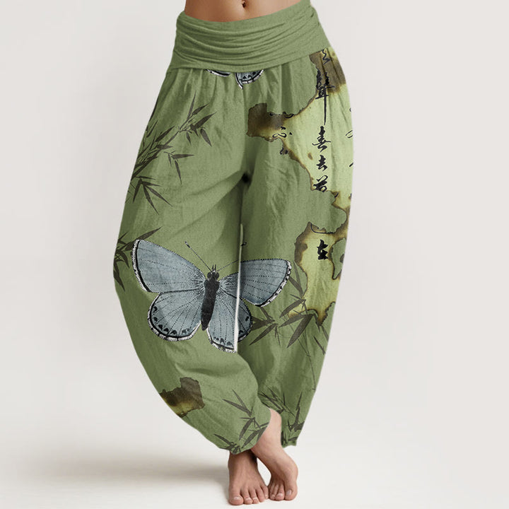 Buddha Stones Cotton Casual Butterfly Bamboo Leaf Calligraphy Pattern Women's Elastic Waist Harem Pants - OliveDrab - US22，UK/AU26，EU54 (6XL) - image 0